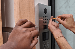 Doorbird installed on front door, providing enhanced home security and remote access capabilities.